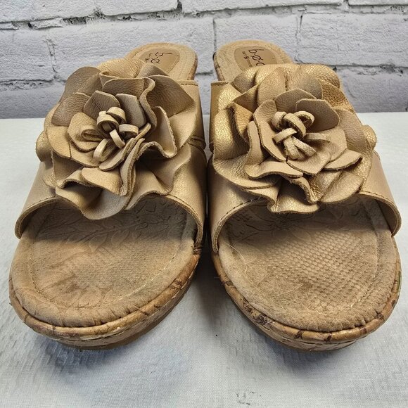 BOC BORN JAMAICA LEATHER FLOWER CORK WEDGE SLIDE SANDAL BEIGE SIZE 10 EUC WOMENS - Picture 7 of 10